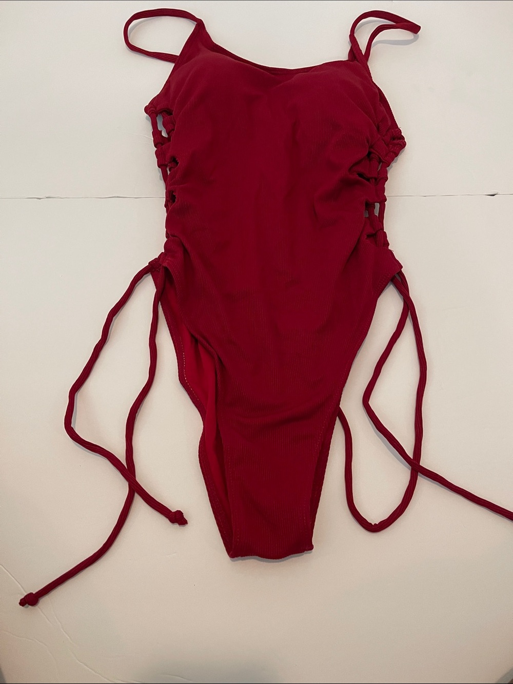 Never Worn! Red Ruched One-Piece Swimsuit with Side Tie Detail